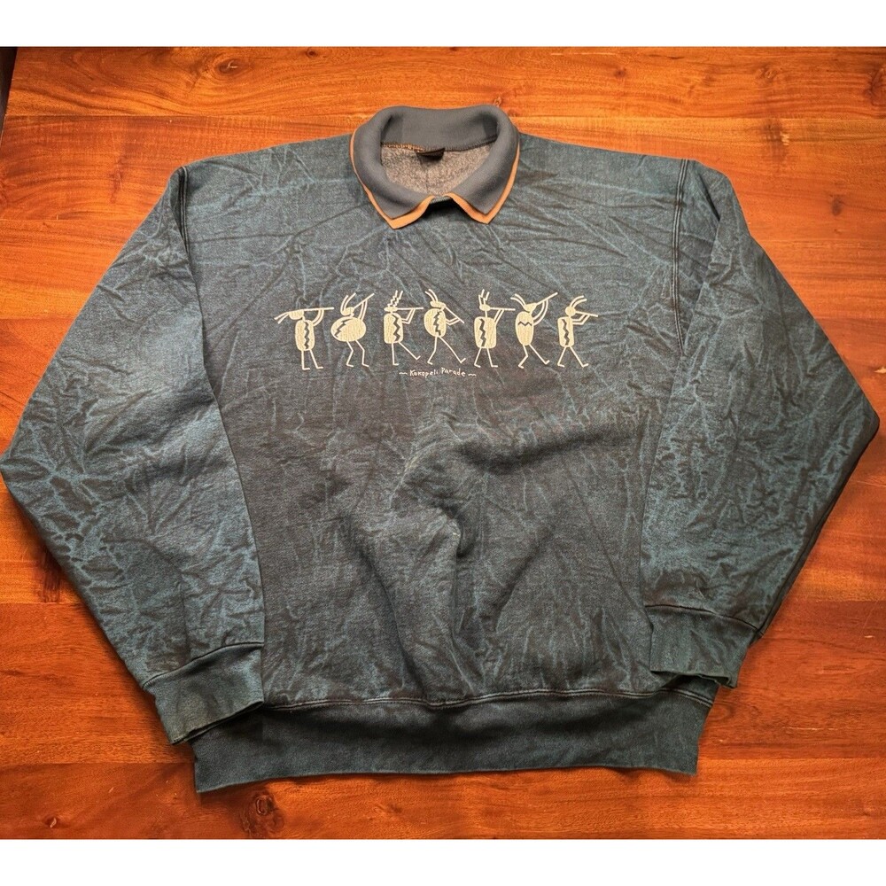 VTG Early Man Images Kokopelli Parade Collared Sweater XL Stonewash Southwest